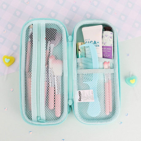 Three officially licensed Sanrio hard shell pencil cases featuring Hello Kitty, Pochacco, and Cinnamoroll on dreamy pastel glitter gradients