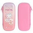 Three officially licensed Sanrio hard shell pencil cases featuring Hello Kitty, Pochacco, and Cinnamoroll on dreamy pastel glitter gradients