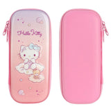 Three officially licensed Sanrio hard shell pencil cases featuring Hello Kitty, Pochacco, and Cinnamoroll on dreamy pastel glitter gradients