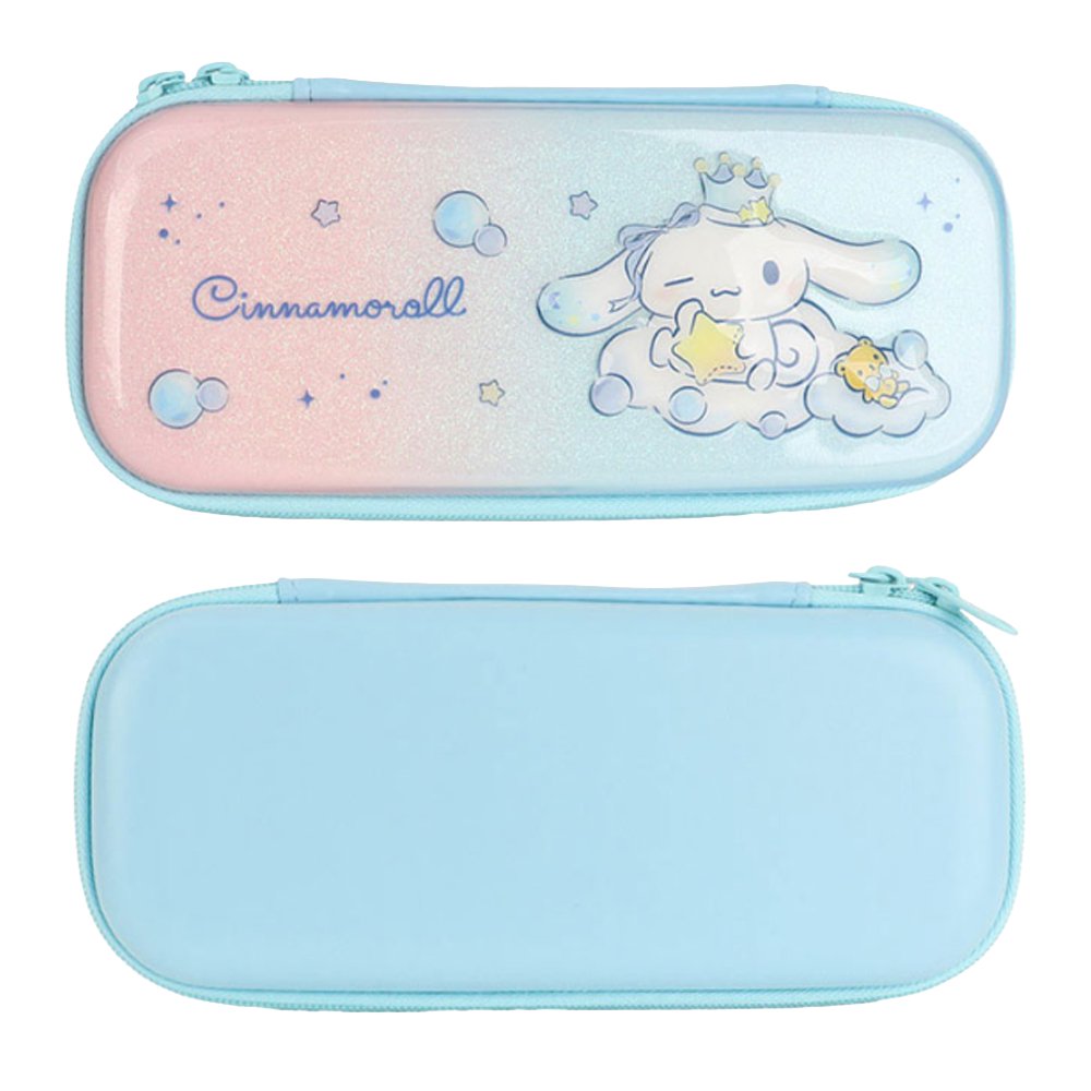 Three officially licensed Sanrio hard shell pencil cases featuring Hello Kitty, Pochacco, and Cinnamoroll on dreamy pastel glitter gradients