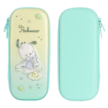 Three officially licensed Sanrio hard shell pencil cases featuring Hello Kitty, Pochacco, and Cinnamoroll on dreamy pastel glitter gradients