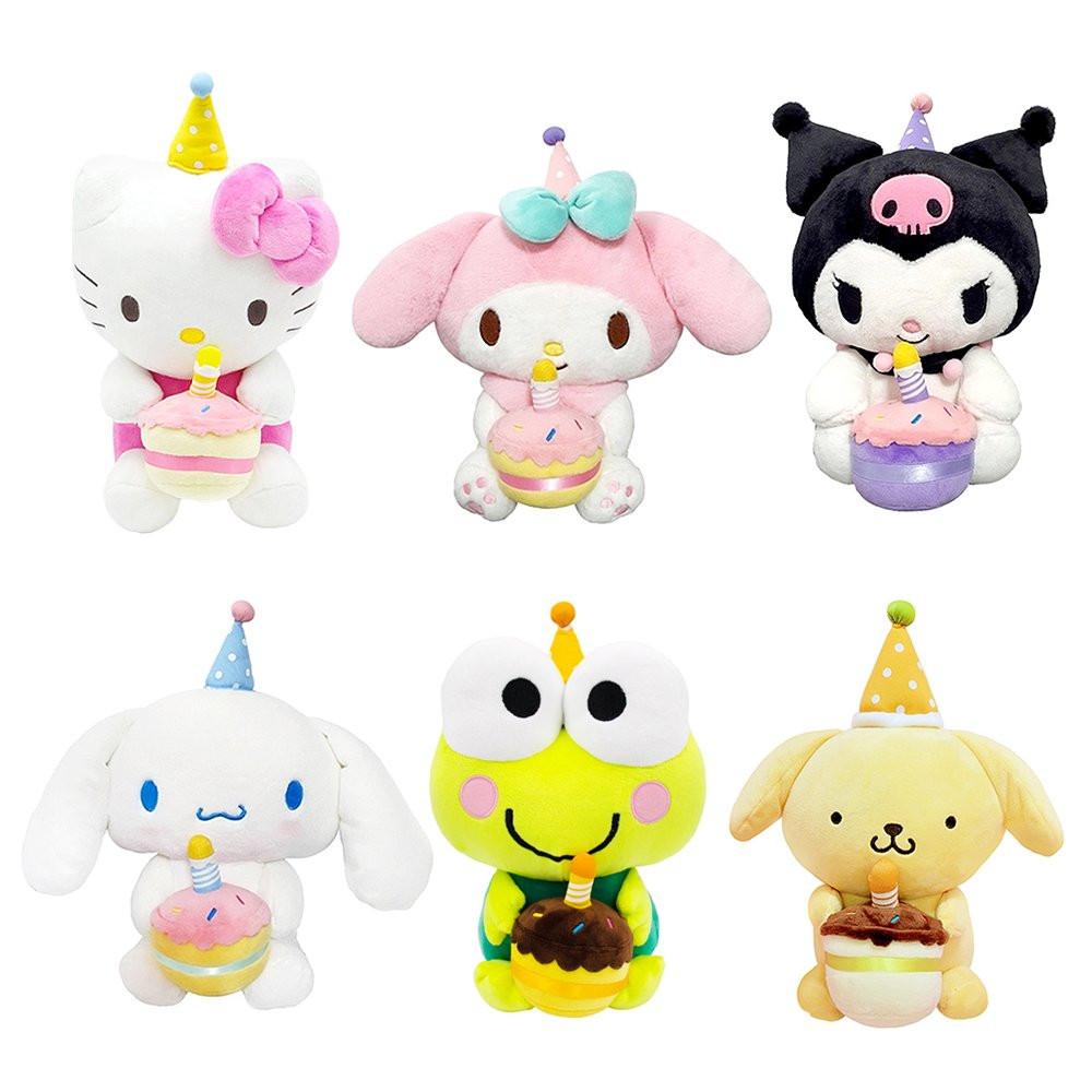 Officially licensed Sanrio Cute Friends featuring Hello Kitty, My Melody, Cinnamoroll, Kuromi, Keroppi, Pompompurin wearing a party hat, holding a cake