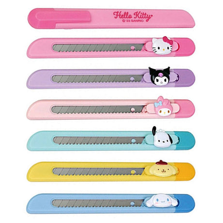 A collection of officially licensed Sanrio character pocket utility knives featuring Hello Kitty, Kuromi, My Melody, Pochacco, Pompompurin, and Cinnamoroll designs.