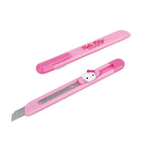 A collection of officially licensed Sanrio character pocket utility knives featuring Hello Kitty, Kuromi, My Melody, Pochacco, Pompompurin, and Cinnamoroll designs.