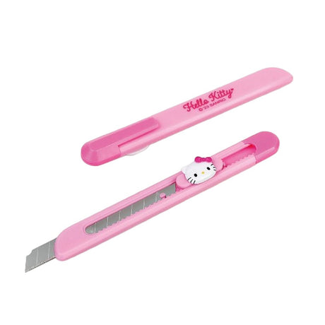 A collection of officially licensed Sanrio character pocket utility knives featuring Hello Kitty, Kuromi, My Melody, Pochacco, Pompompurin, and Cinnamoroll designs.