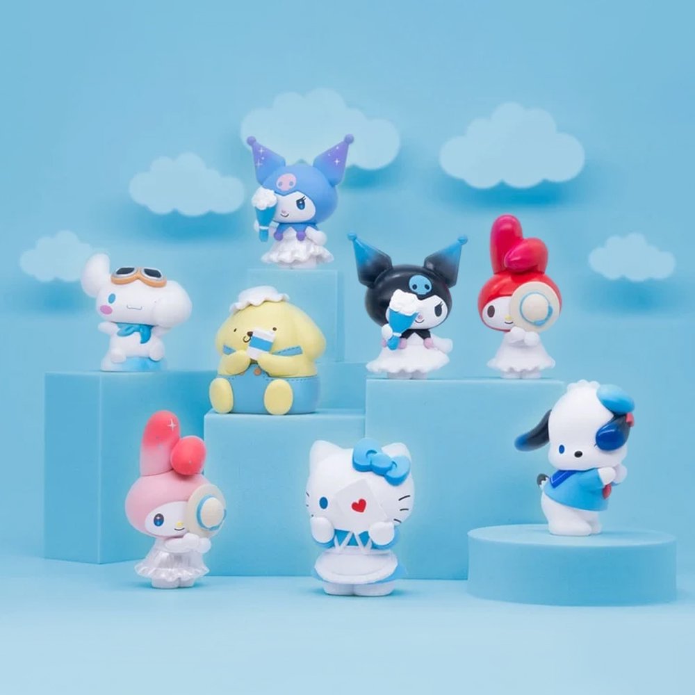 Officially licensed Sanrio Characters Hide & Seek Kakurenbo Figure Blind Box featuring Hello Kitty holding a playing card alongside My Melody, Kuromi, Pochacco, Pompompurin, Cinnamoroll, and two mystery ones