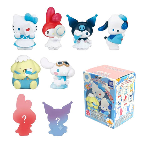 Officially licensed Sanrio Characters Hide & Seek Kakurenbo Figure Blind Box featuring Hello Kitty holding a playing card alongside My Melody, Kuromi, Pochacco, Pompompurin, Cinnamoroll, and two mystery ones