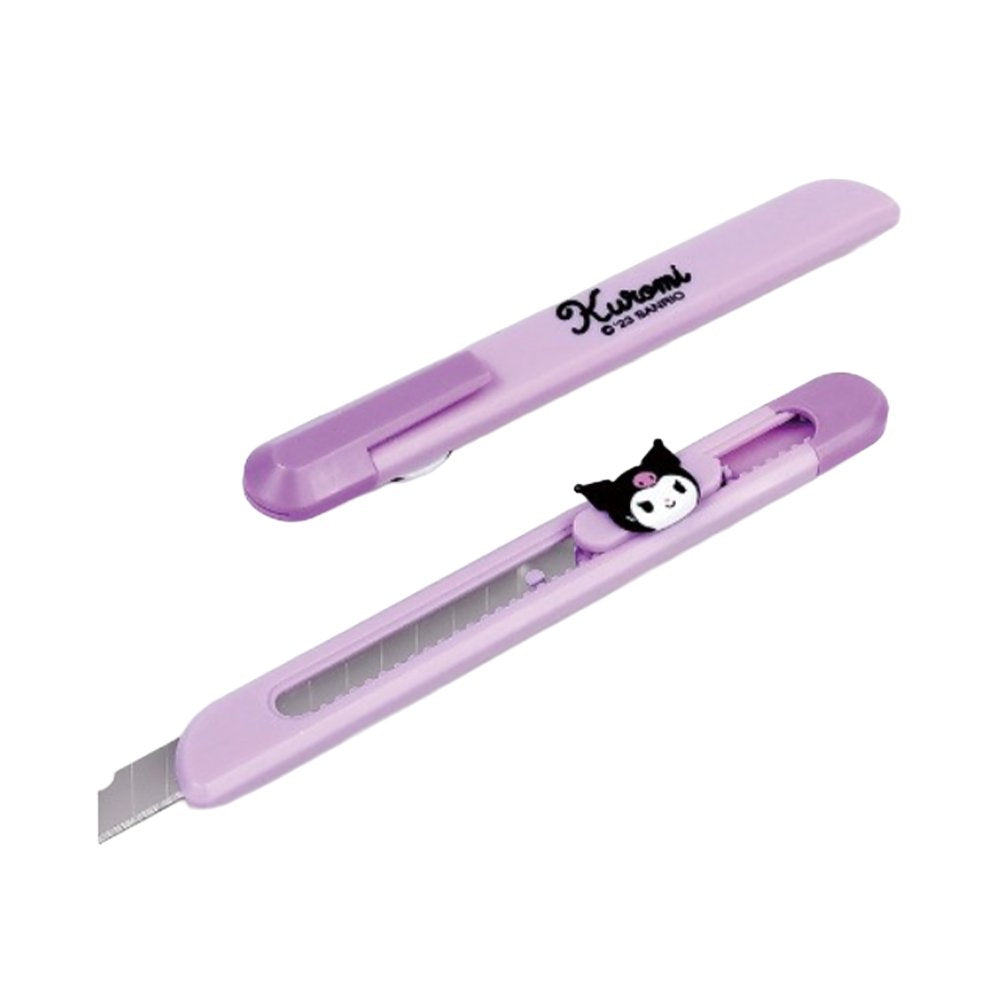 A collection of officially licensed Sanrio character pocket utility knives featuring Hello Kitty, Kuromi, My Melody, Pochacco, Pompompurin, and Cinnamoroll designs.
