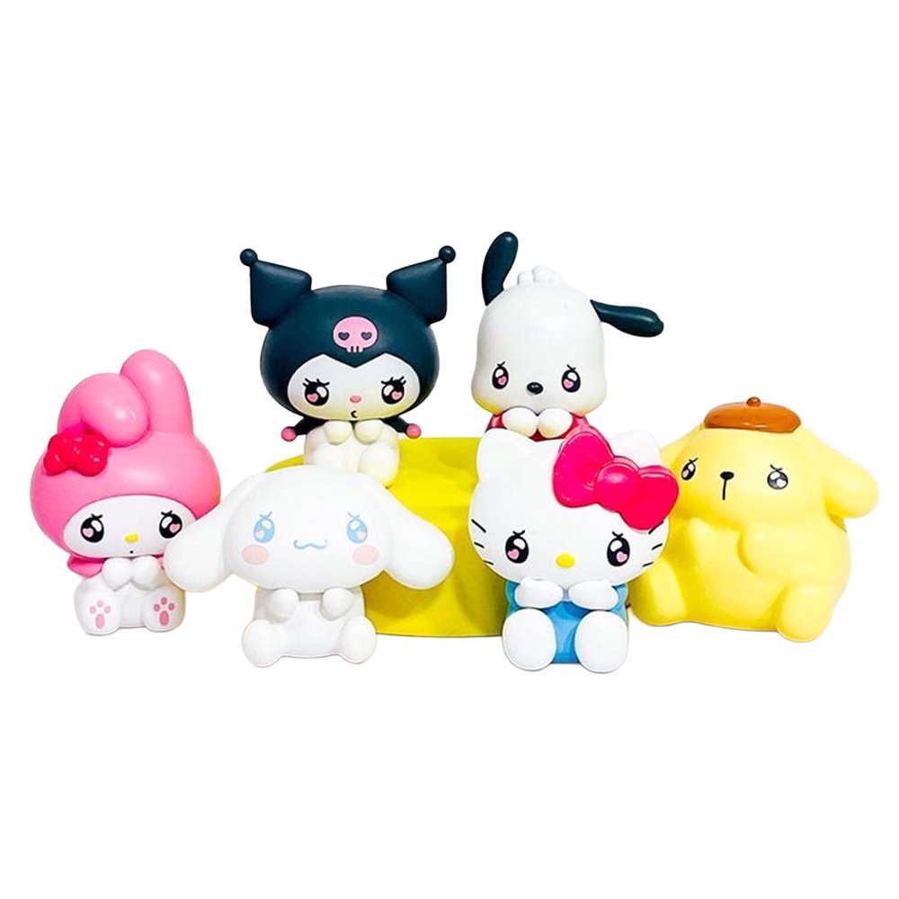 A group of six officially licensed Sanrio mini figures including Hello Kitty, My Melody, and Kuromi, all featuring large sparkling eyes and sweet expressions while seated.
