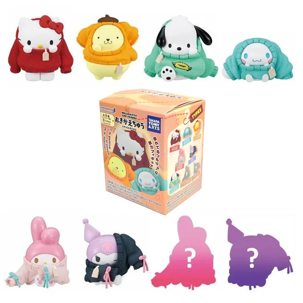 Officially licensed Sanrio Characters Okigaechu Figure Blind Box showing Sanrio characters bundled up in oversized knit sweaters surrounding a mystery box packaging with secret silhouettes