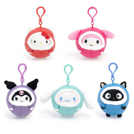 Officially licensed by Sanrio Character Hello Kitty, My melody, Kuromi, Cinnamoroll and Chococat plush keychain in winter puffer jacket . on a white background.  There're perfect for bagpack charm, keychain, displaying, or gifting to Sanrio fans of all ages.