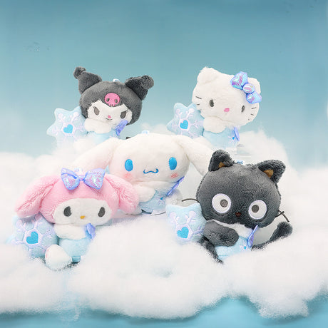 Officially licensed Sanrio Snow Angel plush mascots (Kuromi, Hello Kitty, My Melody, Cinnamoroll, and Chococat) sitting together on white clouds, all wearing blue snow-themed costumes. Perfect for gifting, collecting, or decorate bedroom!