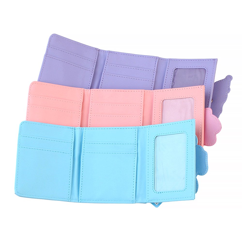 An officially licensed Sanrio collection of tri-fold wallets in pink, purple, and blue