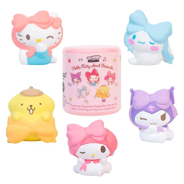 Officially licensed Sanrio Characters Water Squishy Surprise Capsule surrounded by collectible water-filled squishy figures including Hello Kitty, Kuromi, My Melody, Cinnamoroll, and Pompompurin wearing large bows