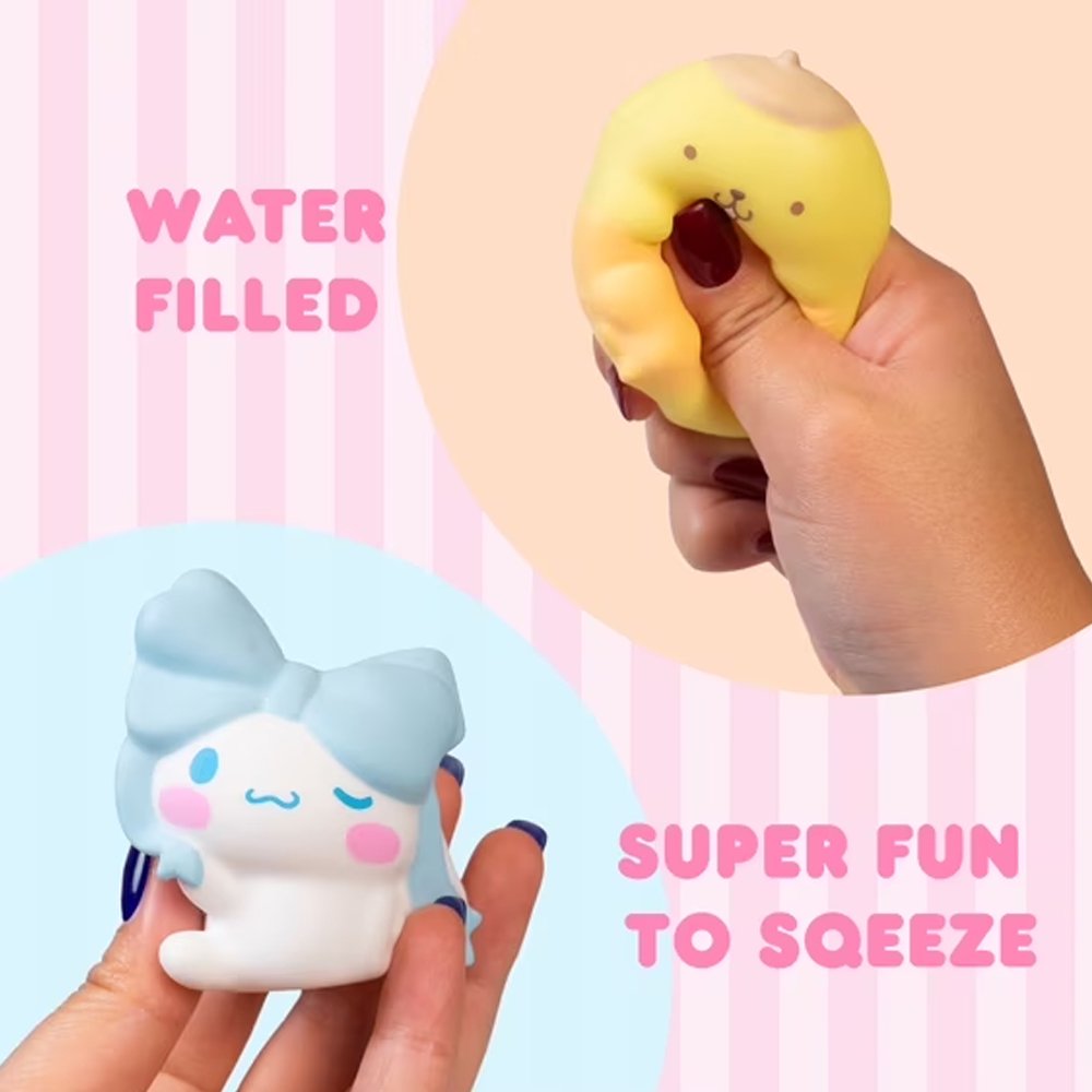 Officially licensed Sanrio Characters Water Squishy Surprise Capsule surrounded by collectible water-filled squishy figures including Hello Kitty, Kuromi, My Melody, Cinnamoroll, and Pompompurin wearing large bows
