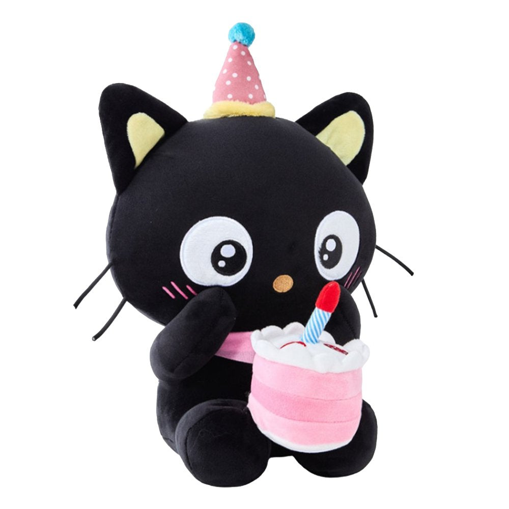 Officially licensed Sanrio Chococat celebration plush wearing a pink party hat and holding a mini plush birthday cake with a candle, featuring big embroidered white eyes and yellow ear accents
