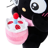 Officially licensed Sanrio Chococat celebration plush wearing a pink party hat and holding a mini plush birthday cake with a candle, featuring big embroidered white eyes and yellow ear accents
