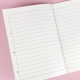 An officially licensed Chococat 17-lined Notebook in purple, featuring a central illustration of Chococat, surrounding cute icons, and a section at the bottom for student information