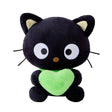 An officially licensed Chococat plush toy in black with a green collar, holding a bright lime green fuzzy heart