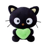 An officially licensed Chococat plush toy in black with a green collar, holding a bright lime green fuzzy heart