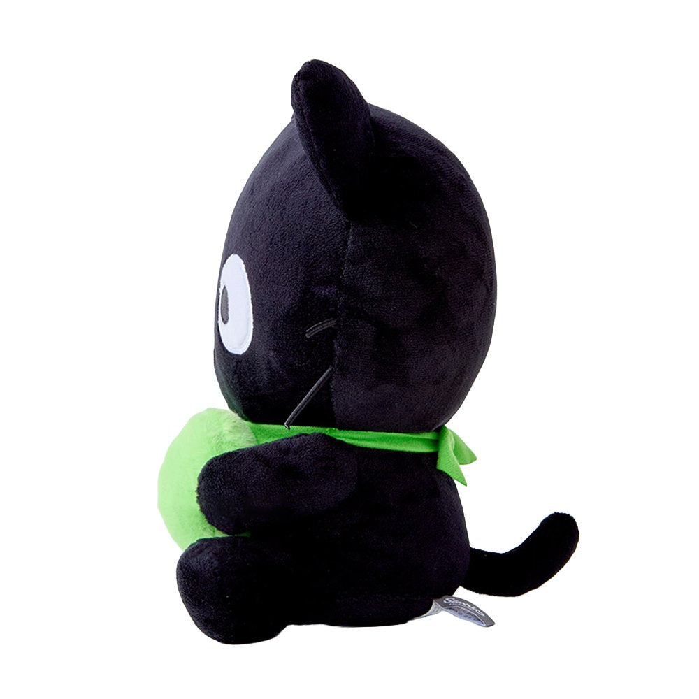 An officially licensed Chococat plush toy in black with a green collar, holding a bright lime green fuzzy heart