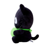 An officially licensed Chococat plush toy in black with a green collar, holding a bright lime green fuzzy heart