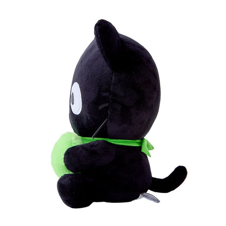 An officially licensed Chococat plush toy in black with a green collar, holding a bright lime green fuzzy heart