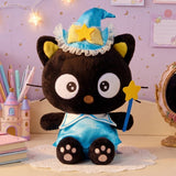 Officially licensed Sanrio Chococat wizard plush toy wearing a blue magician hat with lace trim and holding a yellow star wand, featuring large star-eyed embroidered details and pink paw pads