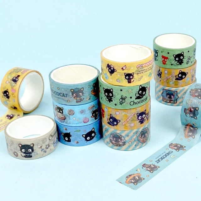 An officially licensed Sanrio 8-in-1 masking tape set featuring unique patterns of the beloved Chococat with his signature whiskers and playful expressions
