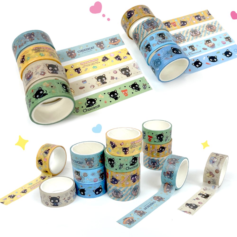 An officially licensed Sanrio 8-in-1 masking tape set featuring unique patterns of the beloved Chococat with his signature whiskers and playful expressions
