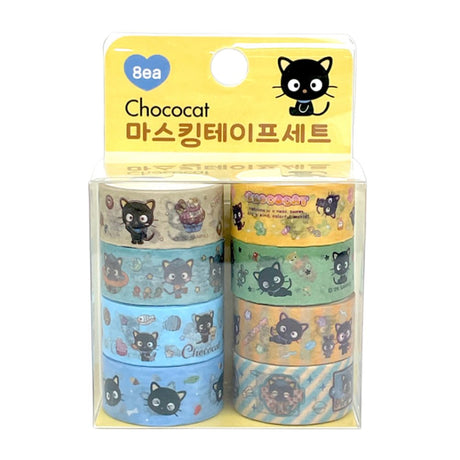 An officially licensed Sanrio 8-in-1 masking tape set featuring unique patterns of the beloved Chococat with his signature whiskers and playful expressions

