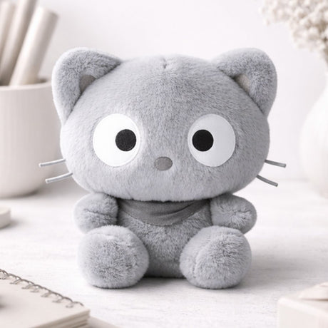An officially licensed Sanrio Chococat plush doll designed in a solid grey monochrome color palette with large embroidered white and black eyes
