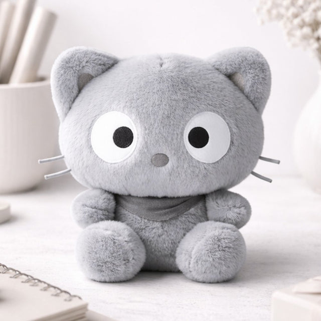 An officially licensed Sanrio Chococat plush doll designed in a solid grey monochrome color palette with large embroidered white and black eyes