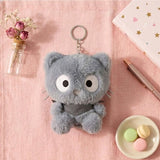 A fluffy monochromatic tone of grey and white Chococat plush keychain with a silver metal keychain