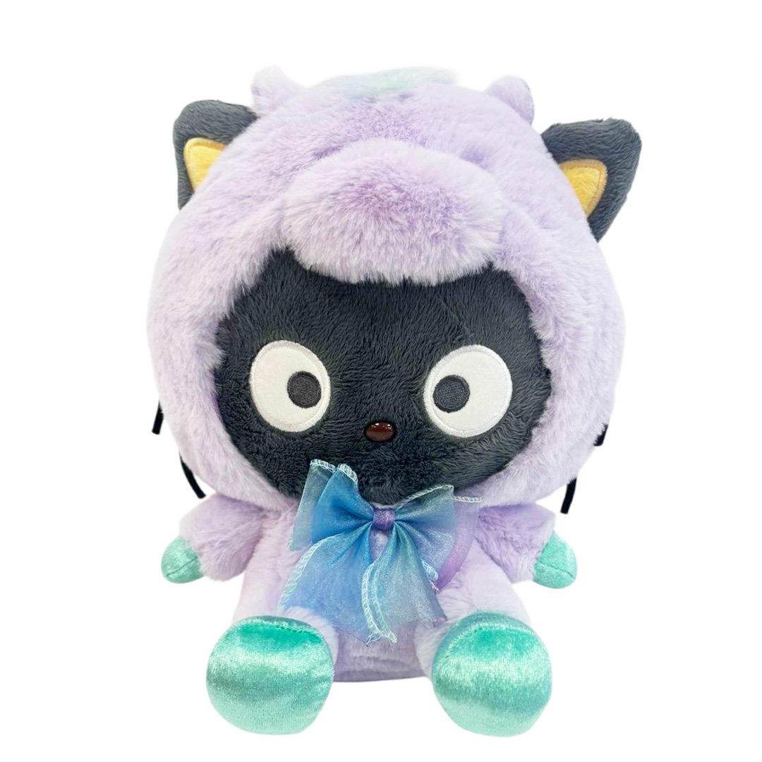 Sanrio officially licensed Chococat is transformed into a sparkling Pegasus wearing a super soft, fluffy purple costume. Features shimmering pastel colors, glittery wings, and a gorgeous rainbow tail, making it a must-have fantasy friend. Perfect for gifting, collecting, or adding a vibrant pop of color to any room! 