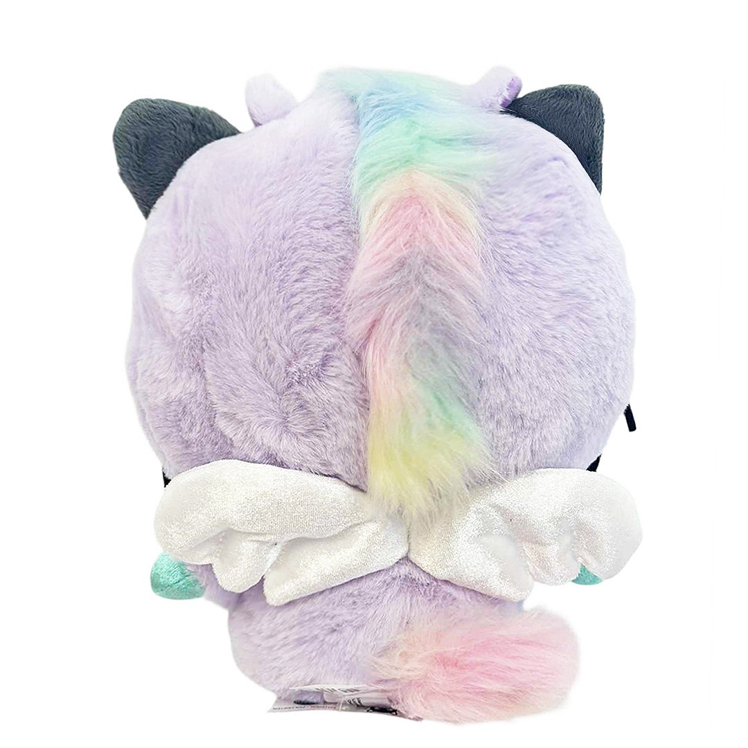 Sanrio officially licensed Chococat is transformed into a sparkling Pegasus wearing a super soft, fluffy purple costume. Features shimmering pastel colors, glittery wings, and a gorgeous rainbow tail, making it a must-have fantasy friend. Perfect for gifting, collecting, or adding a vibrant pop of color to any room! 
