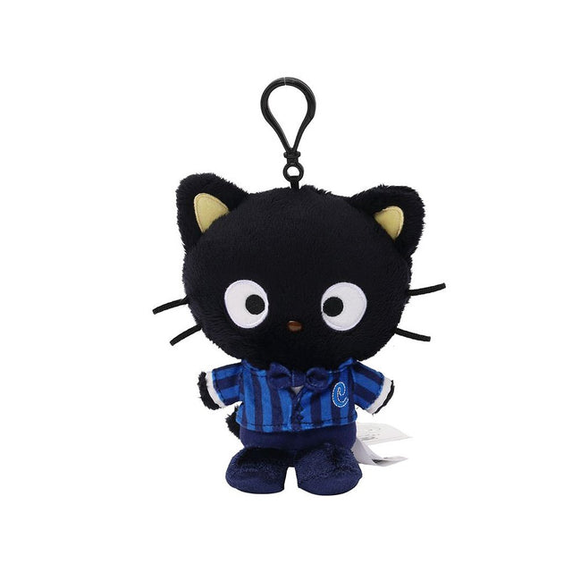 Officially licensed Chococat bag clip  plush doll wearing a in a school uniform. Heblue striped shirt, a white collar, and a bow tie. Perfect size to attach to your backpack, bag, purse, car, or pants. Ideal collectible toy for fans and Sanrio enthusiasts.