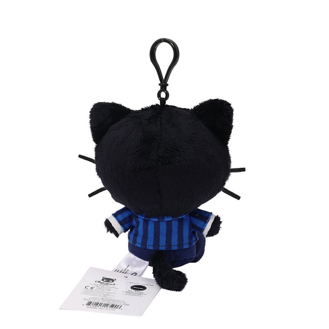 Officially licensed Chococat bag clip  plush doll wearing a in a school uniform. Heblue striped shirt, a white collar, and a bow tie. Perfect size to attach to your backpack, bag, purse, car, or pants. Ideal collectible toy for fans and Sanrio enthusiasts.