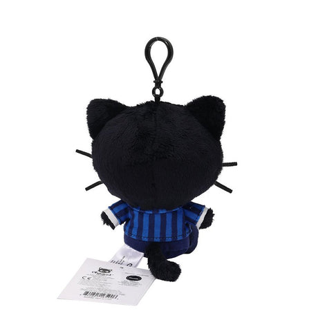 Officially licensed Chococat bag clip  plush doll wearing a in a school uniform. Heblue striped shirt, a white collar, and a bow tie. Perfect size to attach to your backpack, bag, purse, car, or pants. Ideal collectible toy for fans and Sanrio enthusiasts.