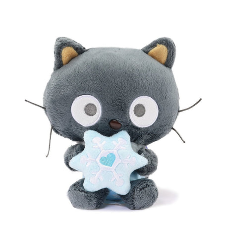 Sanrio Chococat Snow Angel 7-inch plush with iridescent bow, holding a blue snowflake, perfect for kawaii winter decor.