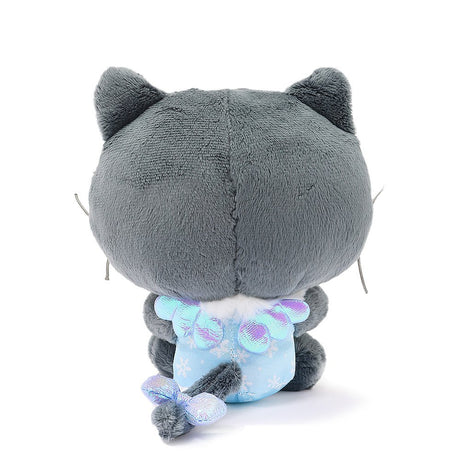Sanrio Chococat Snow Angel plush in a blue snowflake print dress with an iridescent bow, and wings