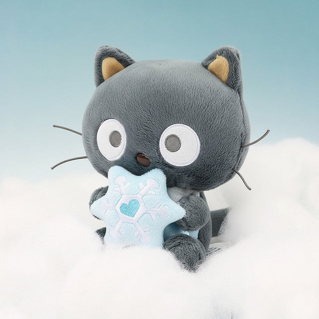 Magical Chococat Snow Angel plush sitting on soft clouds against a light blue background, creating a serene winter scene