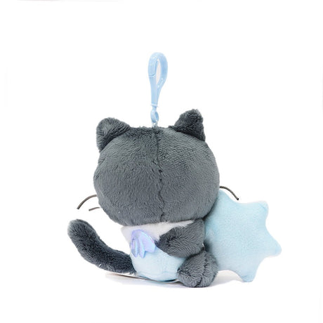 Sanrio Chococat Snow Angel mascot backpack keychain plush with iridescent bow, holding a blue snow flake. makes a great gift for Sanrio fans, plush collectors, Thanksgiving, or Christmas!