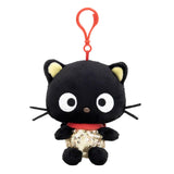 Officially licensed Chococat Spangle Edition plush keychain featuring Chococat plush with a gold sequined outfit and a red plastic clip