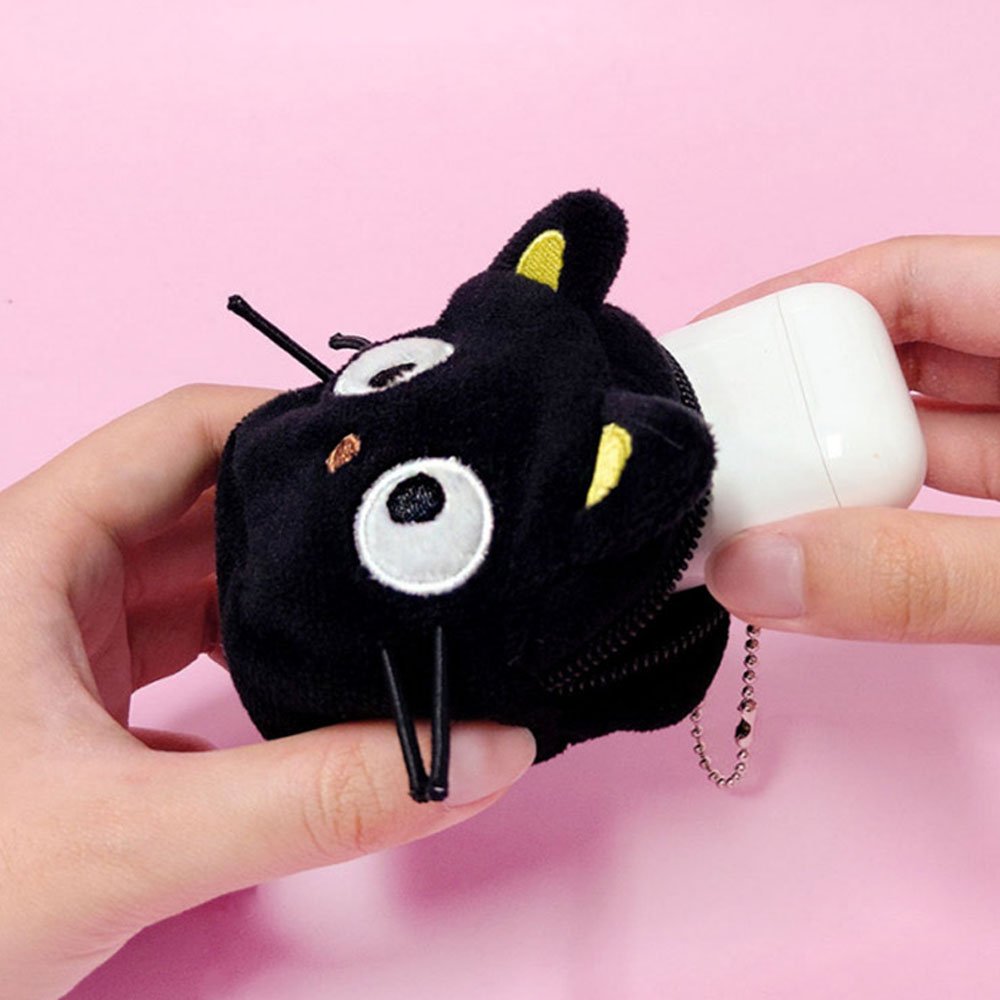 Sanrio Chococat pouch designed to look like a black cat with black body and yellow accents on the ears, eyes, and nose. The pouch has a zipper closure and a ballchain attachment.