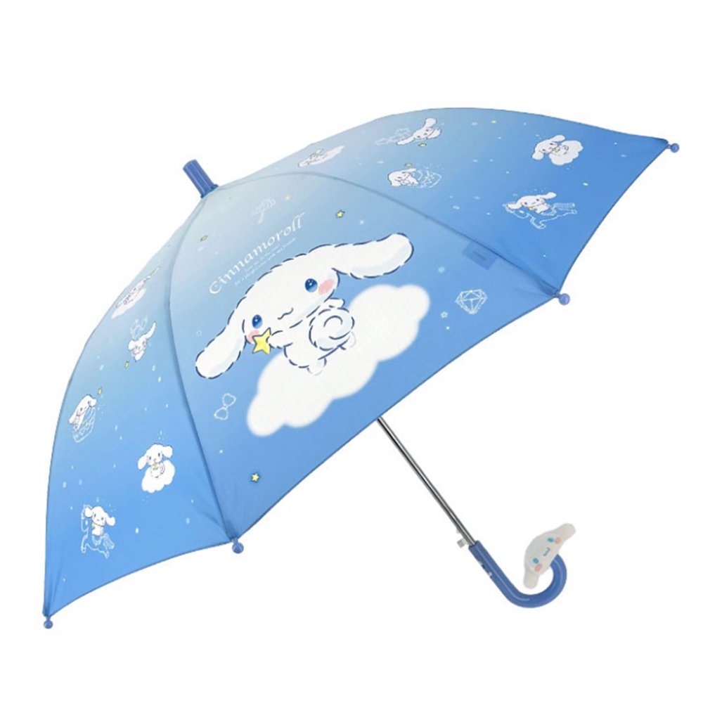 Light blue Sanrio Cinnamoroll kids' umbrella featuring a gradient canopy with one clear see-through safety panel, finished with a 3D Cinnamoroll J-handle.Perfect for rainy day