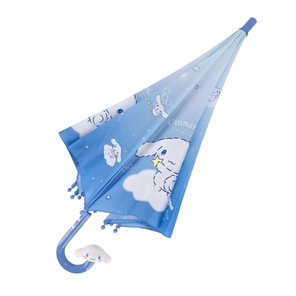 Light blue Sanrio Cinnamoroll kids' umbrella featuring a gradient canopy with one clear see-through safety panel, finished with a 3D Cinnamoroll J-handle.