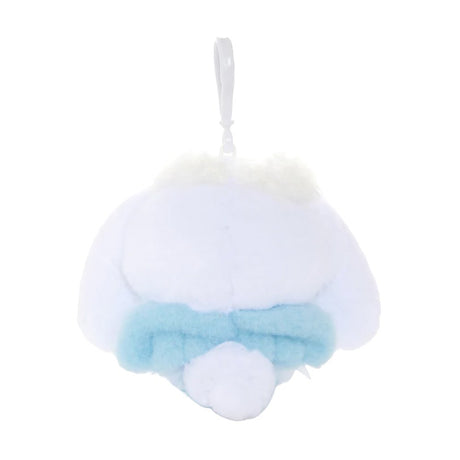 An officially licensed Sanrio Cinnamoroll plush keychain featuring the character in a blue ballerina tutu and polka-dot bodice with a yellow star detail. The plush includes fluffy white head trim, angel wings, and a white plastic clip for easy attachment.
