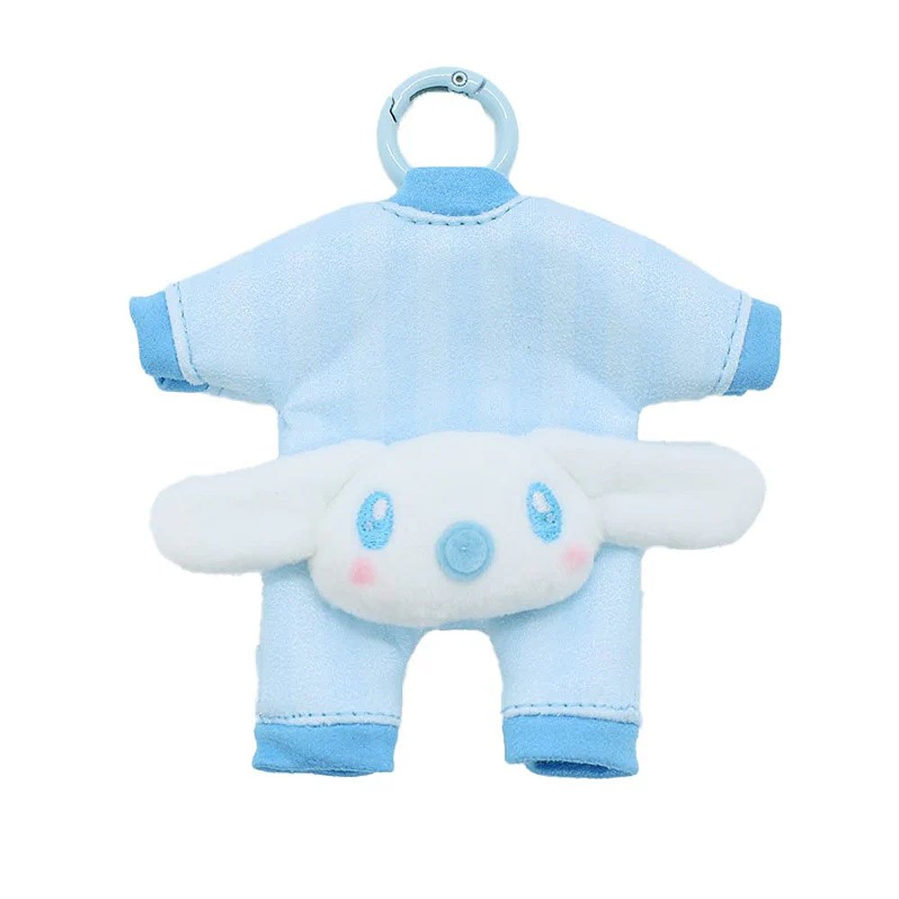 A blue Cinnamoroll baby outfit plush keychain with a carabiner clip