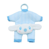 A blue Cinnamoroll baby outfit plush keychain with a carabiner clip